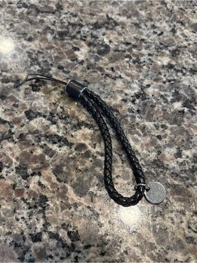 Bottega Veneta Black Braided Leather Wrist Strap with Silver Disc